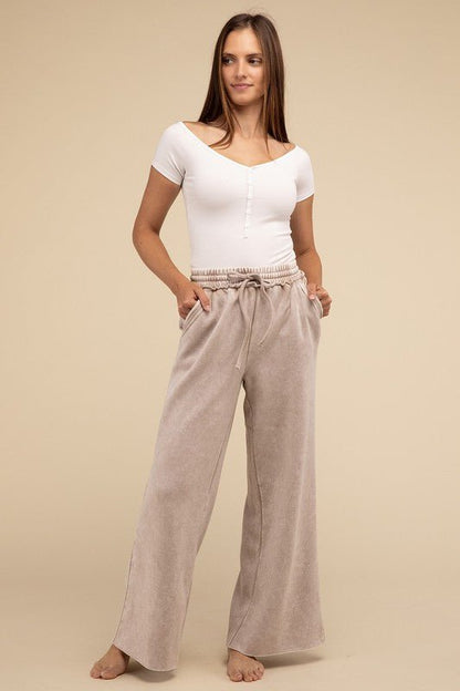 Acid Wash Fleece Palazzo Sweatpants with Pockets - My Threaded Apparel | Online Women's Boutique - pants
