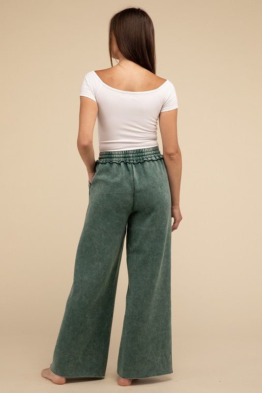 Acid Wash Fleece Palazzo Sweatpants with Pockets - My Threaded Apparel | Online Women's Boutique - pants