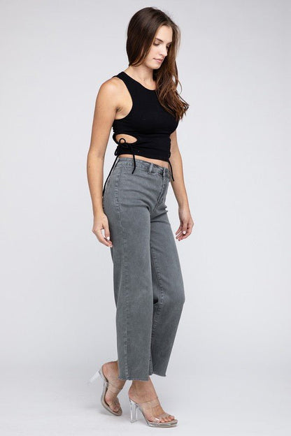 Acid Wash Frayed Cutoff Hem Straight Wide Pants - My Threaded Apparel | Online Women's Boutique - pants