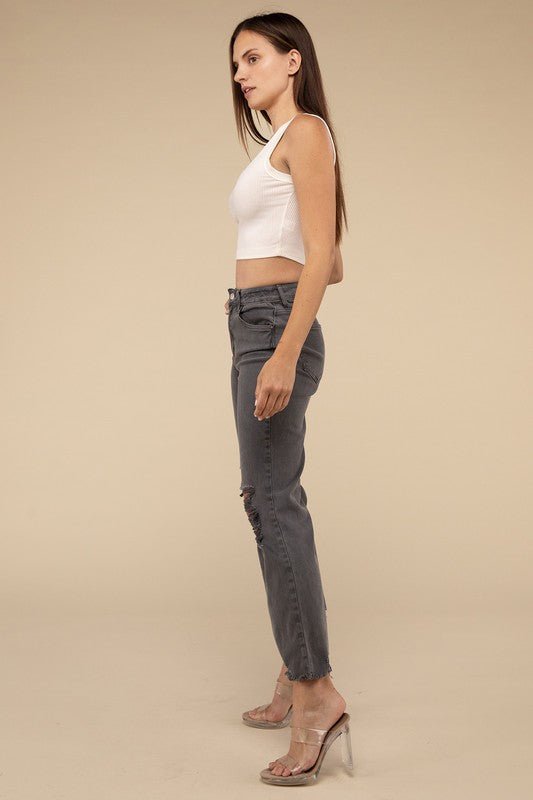 Acid Washed High Waist Distressed Straight Pants - My Threaded Apparel | Online Women's Boutique - denim pants