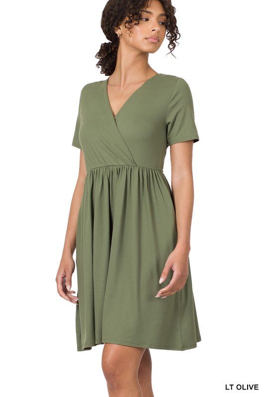 Brushed DTY Buttery Soft Fabric Surplice Dress - My Threaded Apparel | Online Women's Boutique - mini dress