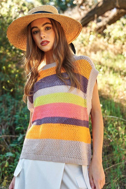 Crochet Multi Striped Pullover Knit Sweater Vest - My Threaded Apparel | Online Women's Boutique - shirt