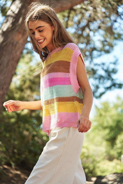 Crochet Multi Striped Pullover Knit Sweater Vest - My Threaded Apparel | Online Women's Boutique - shirt