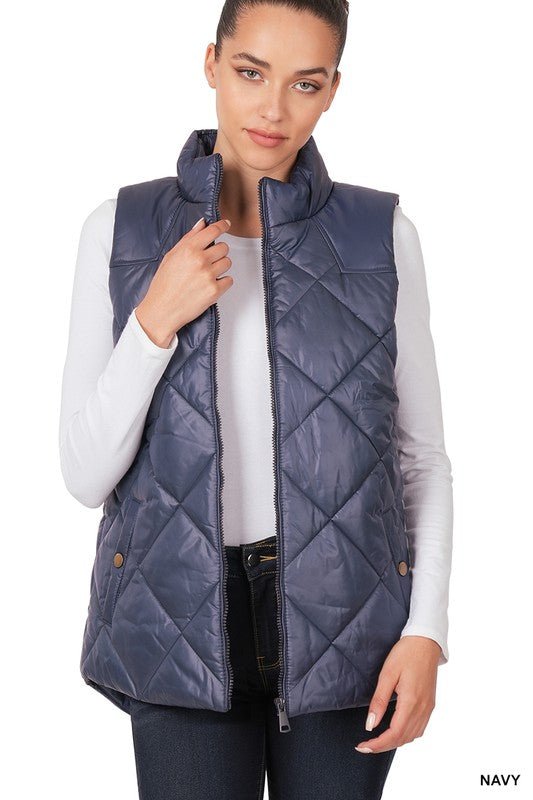 Diamond Quilted Zip Front Vest - My Threaded Apparel | Online Women's Boutique - vest