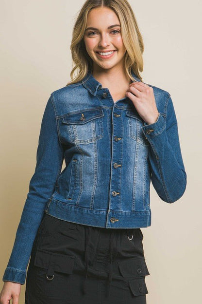 Distressed Button Up Stretchy Cotton Denim Jacket - My Threaded Apparel | Online Women's Boutique - Denim jacket