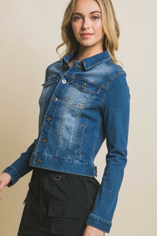 Distressed Button Up Stretchy Cotton Denim Jacket - My Threaded Apparel | Online Women's Boutique - Denim jacket