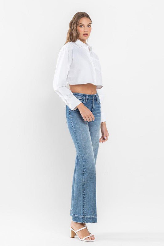High Rise Wide Leg Jeans with Trouser Hem Detail - My Threaded Apparel | Online Women's Boutique - denim jeans