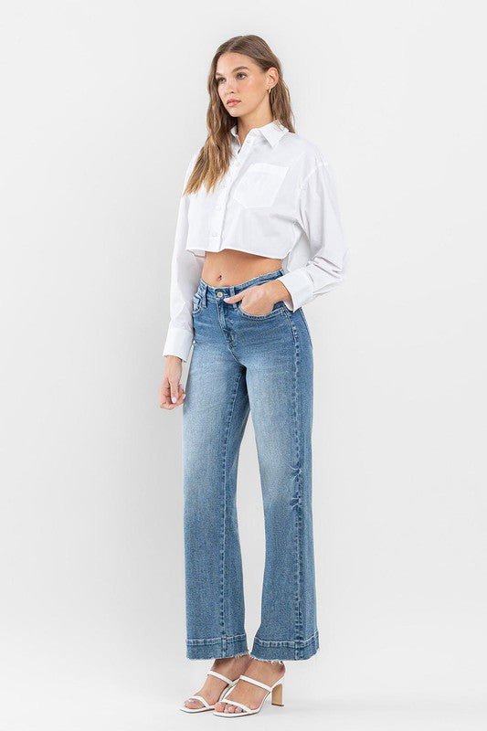 High Rise Wide Leg Jeans with Trouser Hem Detail - My Threaded Apparel | Online Women's Boutique - denim jeans