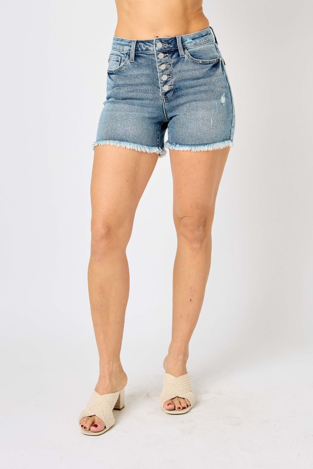 Judy Blue Full Size Button Fly Raw Hem Denim Shorts - My Threaded Apparel | Online Women's Boutique - denim shorts