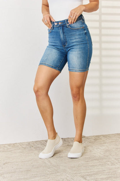 Judy Blue Full Size Tummy Control Double Button Bermuda Denim Shorts - My Threaded Apparel | Online Women's Boutique - denim shorts
