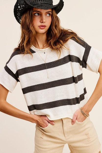 Lightweight Stripe Sweater Short Sleeve Top - My Threaded Apparel | Online Women's Boutique - shirt