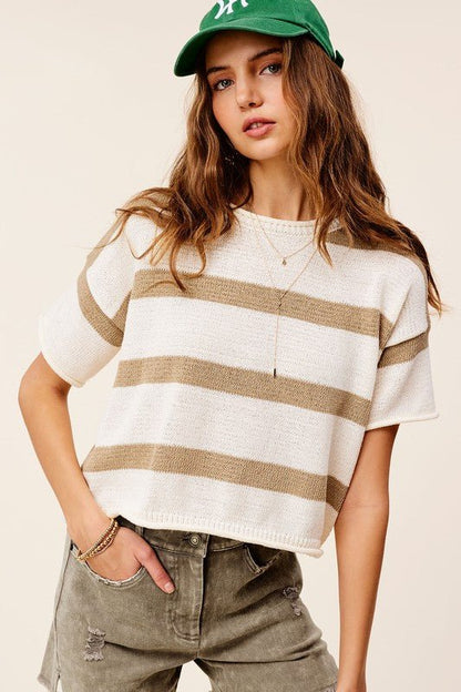 Lightweight Stripe Sweater Short Sleeve Top - My Threaded Apparel | Online Women's Boutique - shirt