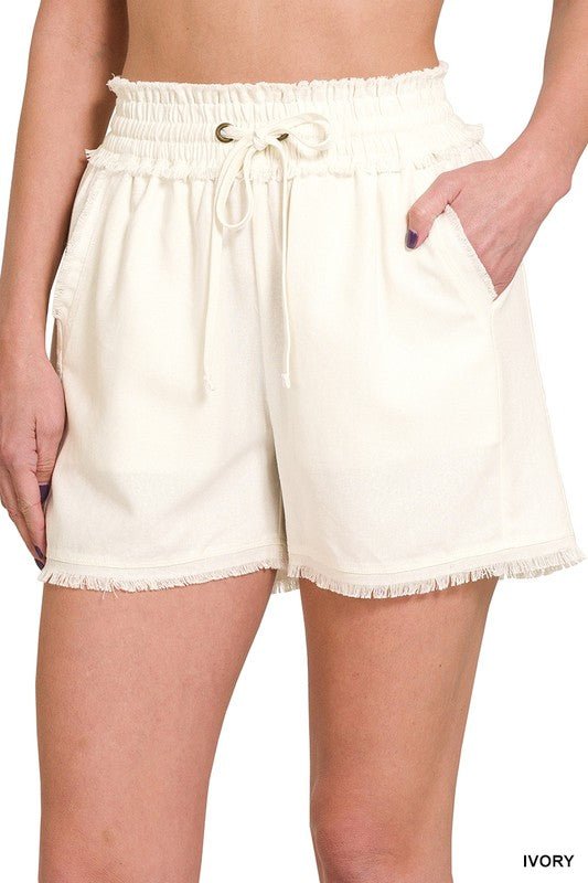 Linen Frayed Hem Drawstring Shorts with Pockets - My Threaded Apparel | Online Women's Boutique - shorts
