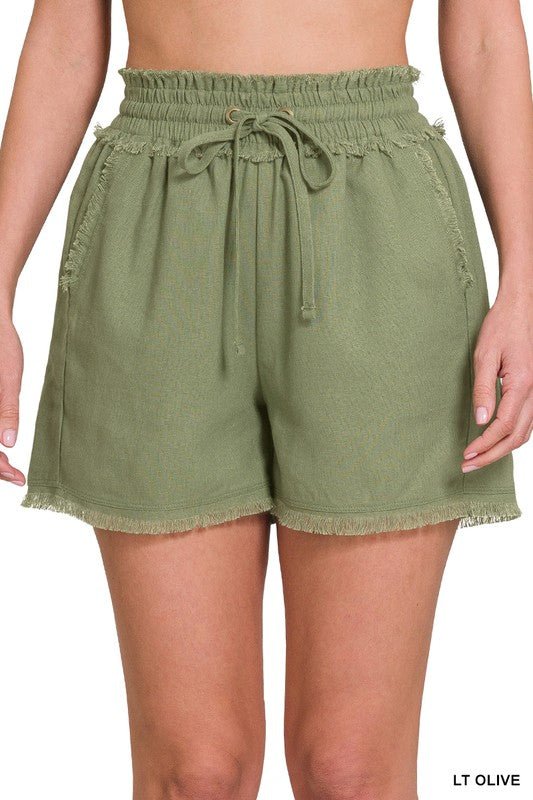 Linen Frayed Hem Drawstring Shorts with Pockets - My Threaded Apparel | Online Women's Boutique - shorts