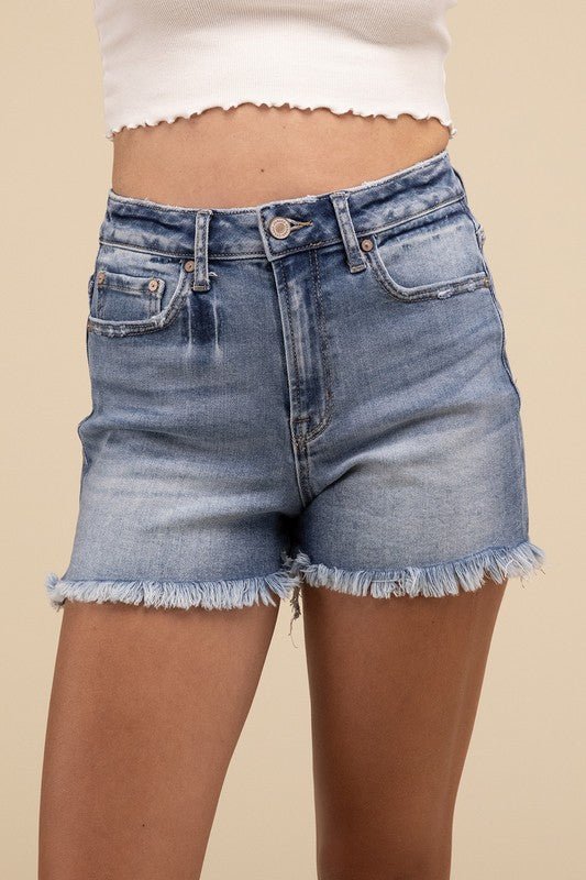 Mid Rise Raw Frayed Hem Denim Shorts - My Threaded Apparel | Online Women's Boutique - denim shorts
