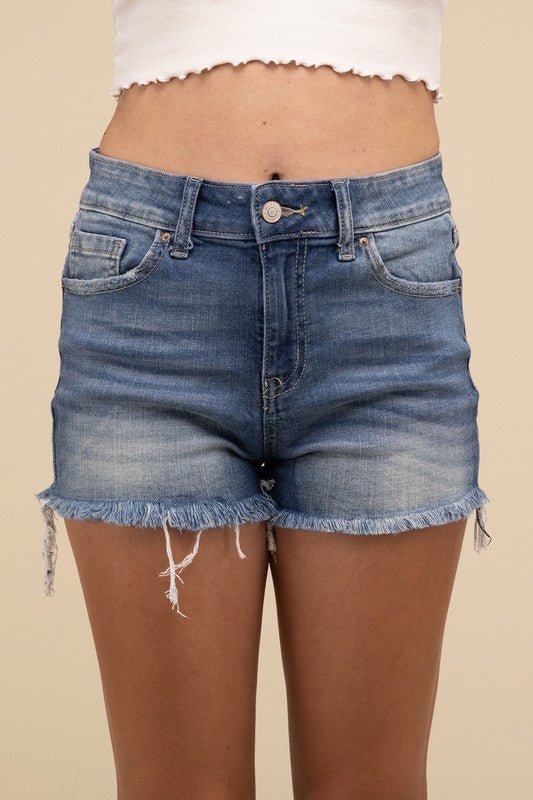 Mid Rise Raw Frayed Hem Denim Shorts - My Threaded Apparel | Online Women's Boutique - denim shorts