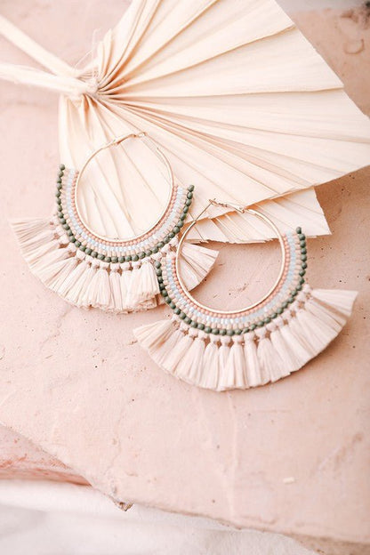 Natural Bead and Raffia Fan Hoop Earrings - My Threaded Apparel | Online Women's Boutique - earrings