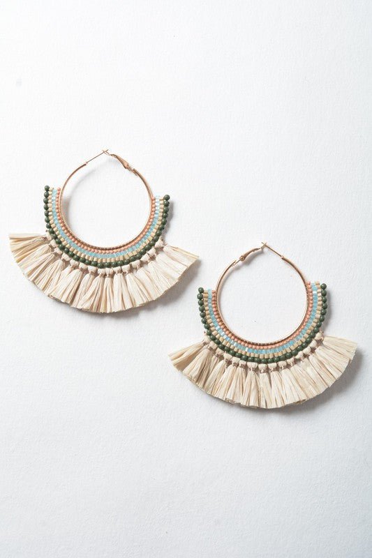 Natural Bead and Raffia Fan Hoop Earrings - My Threaded Apparel | Online Women's Boutique - earrings