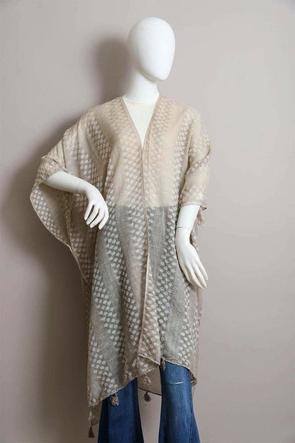 Pom Trimmed Jacquard Kimono - My Threaded Apparel | Online Women's Boutique - kimono