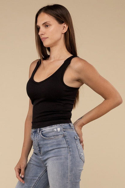 Ribbed Bra Padded V-Neck Tank Top - My Threaded Apparel | Online Women's Boutique - tank top
