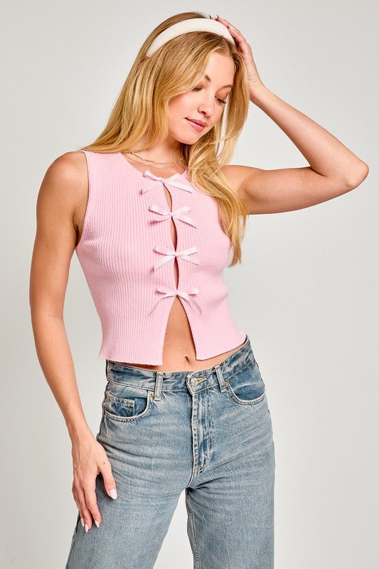 Satin Bow Detail Sleeveless Sweater Top - My Threaded Apparel | Online Women's Boutique - 