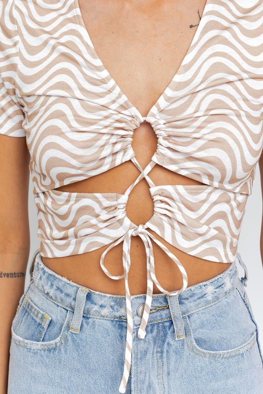 Short Sleeve Front Criss Cross Print Knit Top - My Threaded Apparel | Online Women's Boutique - tops