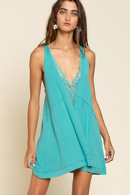 Sleeveless Deep V-neck Dress with Lace on Front - My Threaded Apparel | Online Women's Boutique - Top