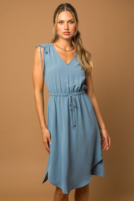Sleeveless V-neck Shoulder Ruching Mini Dress - My Threaded Apparel | Online Women's Boutique -