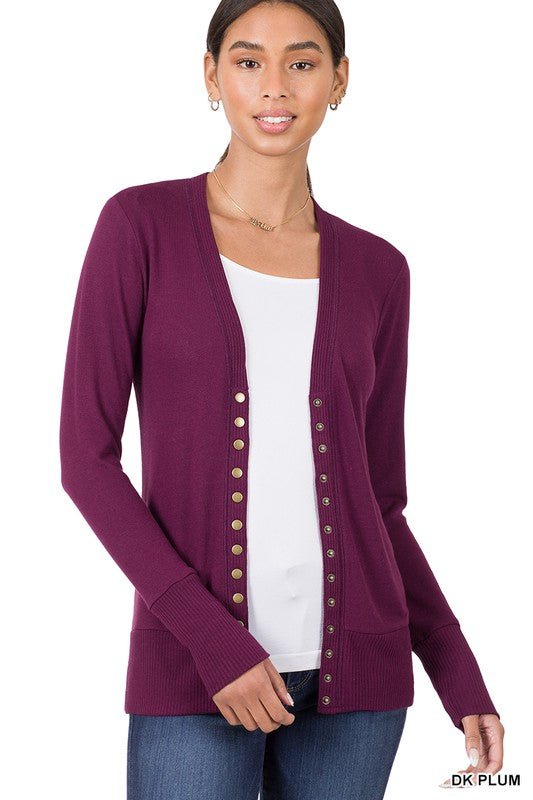 Snap Button Sweater Cardigan with Ribbed Detail - My Threaded Apparel | Online Women's Boutique - 