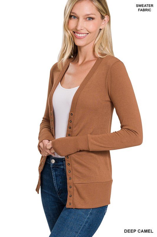 Snap Button Sweater Cardigan with Ribbed Detail - My Threaded Apparel | Online Women's Boutique - 