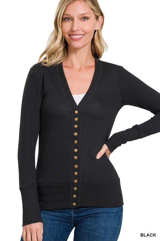 Snap Button Sweater Cardigan with Ribbed Detail - My Threaded Apparel | Online Women's Boutique - 