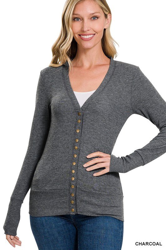 Snap Button Sweater Cardigan with Ribbed Detail - My Threaded Apparel | Online Women's Boutique - 