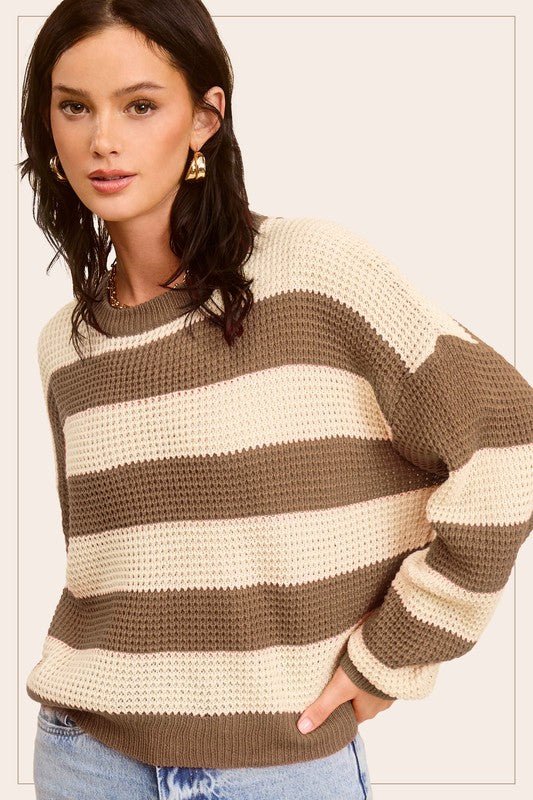 Striped Round Neck Loose Fit Sweater - My Threaded Apparel | Online Women's Boutique - sweater