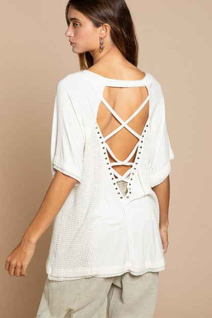 Studded Strappy Back Waffle Mixed Knit Top - My Threaded Apparel | Online Women's Boutique - Top