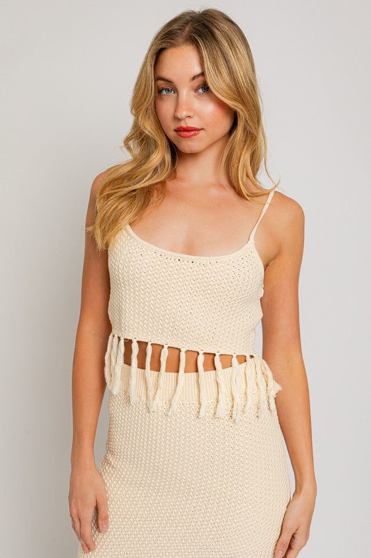 Tassel Detail Spaghetti Sweater Crop Top - My Threaded Apparel | Online Women's Boutique - tops