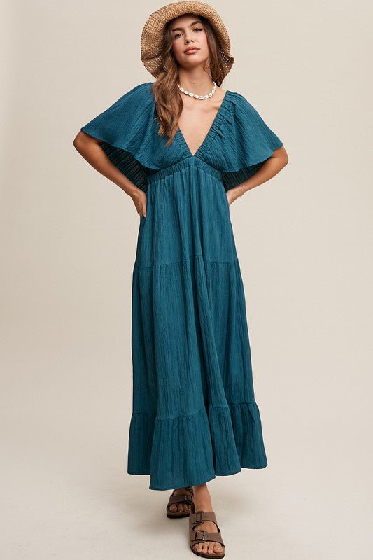 V - neck Ruffle Sleeve Flowy Vacation Dress - My Threaded Apparel | Online Women's Boutique - 