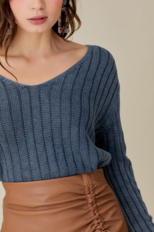 V - Neck Washed Crop Sweater - My Threaded Apparel | Online Women's Boutique - sweater