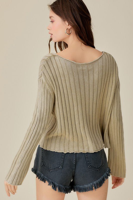 V - Neck Washed Crop Sweater - My Threaded Apparel | Online Women's Boutique - sweater