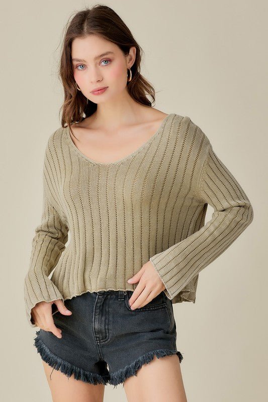 V - Neck Washed Crop Sweater - My Threaded Apparel | Online Women's Boutique - sweater