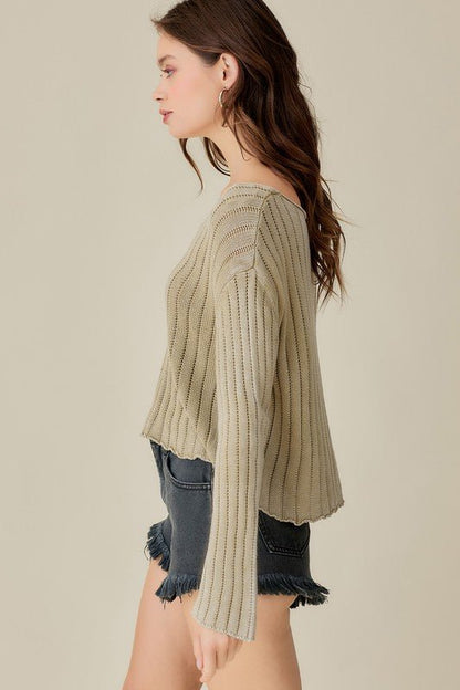 V - Neck Washed Crop Sweater - My Threaded Apparel | Online Women's Boutique - sweater