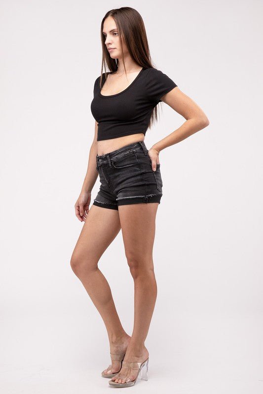 Washed Black Cuffed Raw Hem Denim Shorts - My Threaded Apparel | Online Women's Boutique - denim shorts