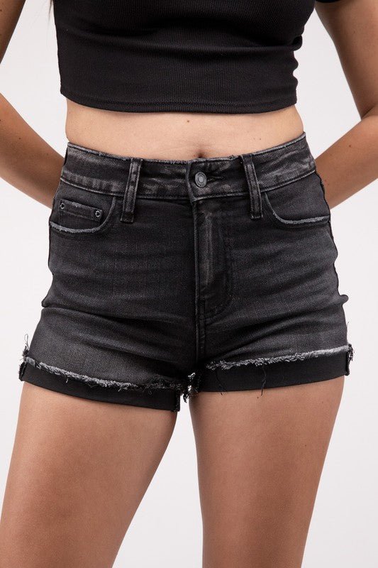 Washed Black Cuffed Raw Hem Denim Shorts - My Threaded Apparel | Online Women's Boutique - denim shorts