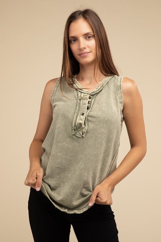 Washed Half-Button Raw Edge Sleeveless Henley Top - My Threaded Apparel | Online Women's Boutique - shirt
