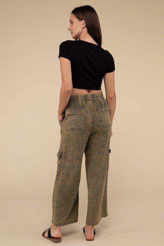 Washed Linen Elastic Band Waist Cargo Pants - My Threaded Apparel | Online Women's Boutique - pants