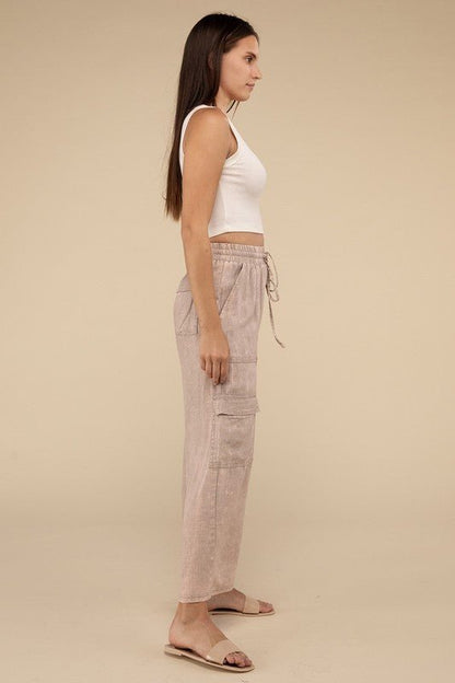 Washed Linen Elastic Band Waist Cargo Pants - My Threaded Apparel | Online Women's Boutique - pants