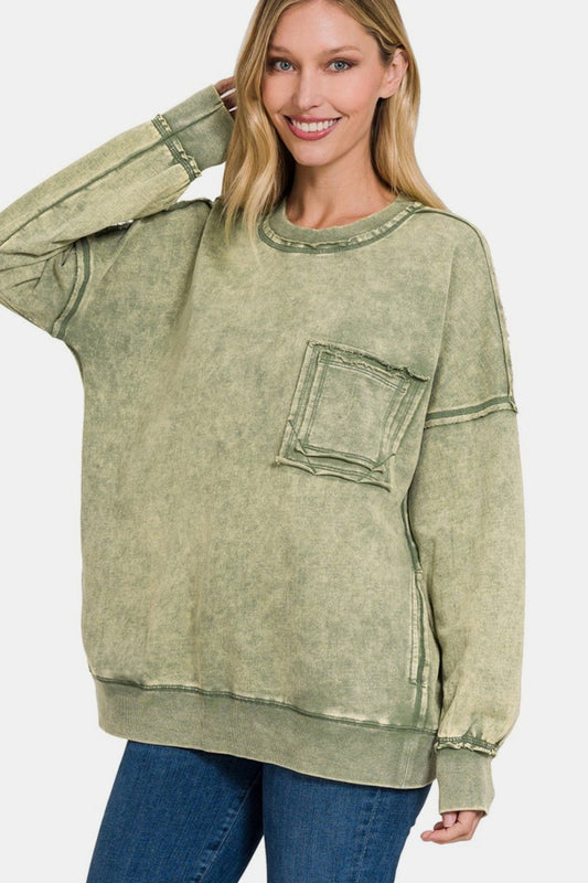 Zenana Exposed Seam Round Neck Dropped Shoulder Sweatshirt - My Threaded Apparel | Online Women's Boutique - sweater